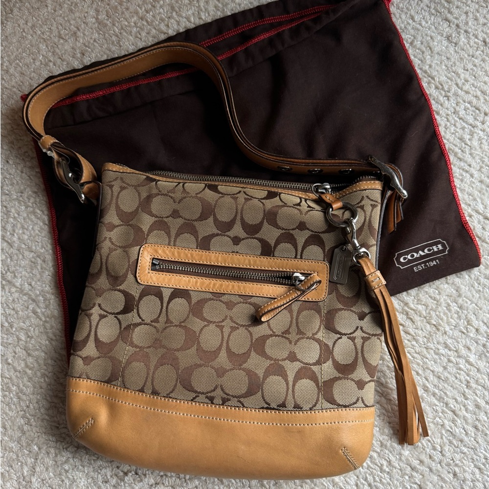 Vintage Coach Signature Brown and Tan Shoulder Bag
